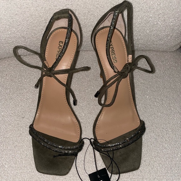 Express Suede and Crystal Strappy Sandal Heel in Olive - Picture 3 of 5